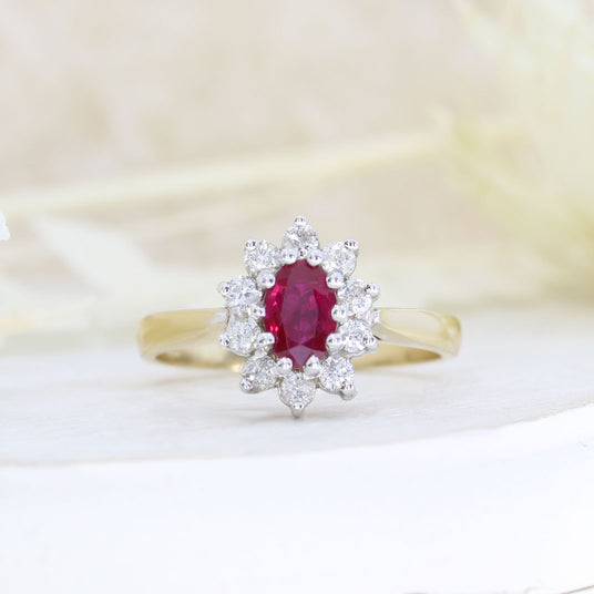 9ct Yellow Gold Oval Claw Set Ruby & Diamond Cluster Ring