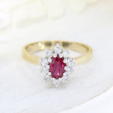 9ct Yellow Gold Oval Claw Set Ruby & Diamond Cluster Ring