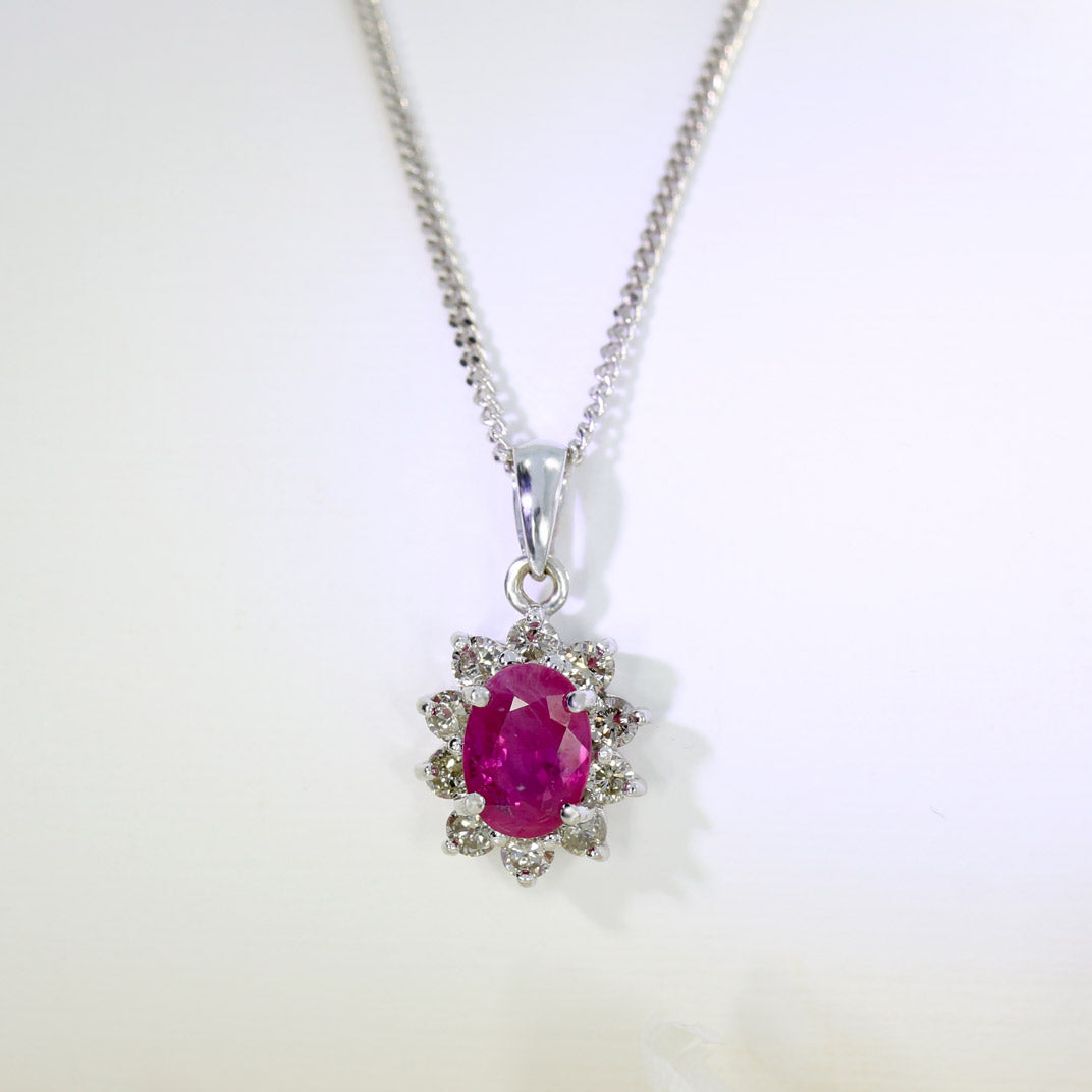 Pre Owned 18ct White Gold Oval Ruby & Diamond Cluster Pendant