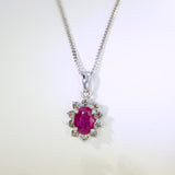 Pre Owned 18ct White Gold Oval Ruby & Diamond Cluster Pendant