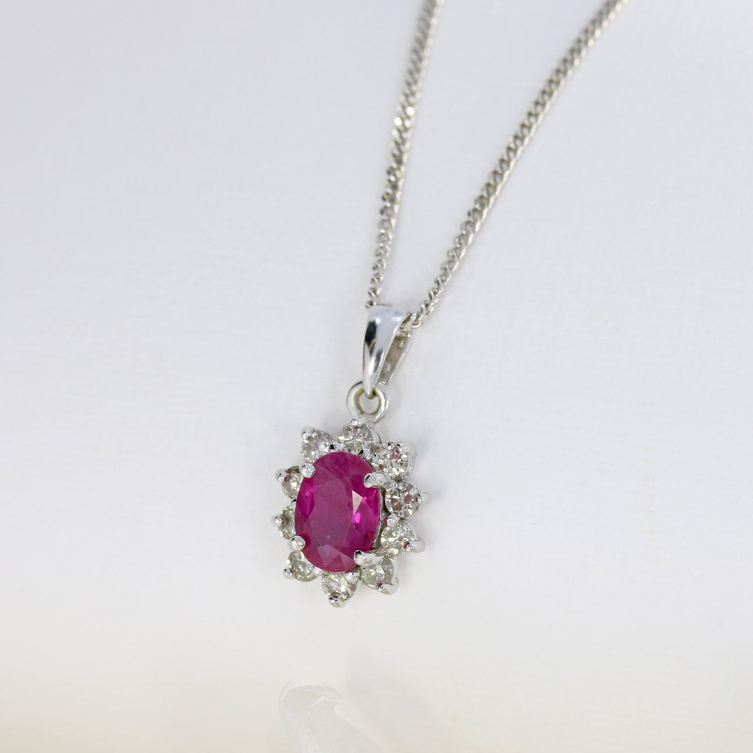 Pre Owned 18ct White Gold Oval Ruby & Diamond Cluster Pendant