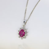 Pre Owned 18ct White Gold Oval Ruby & Diamond Cluster Pendant