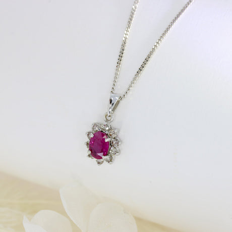 Pre Owned 18ct White Gold Oval Ruby & Diamond Cluster Pendant