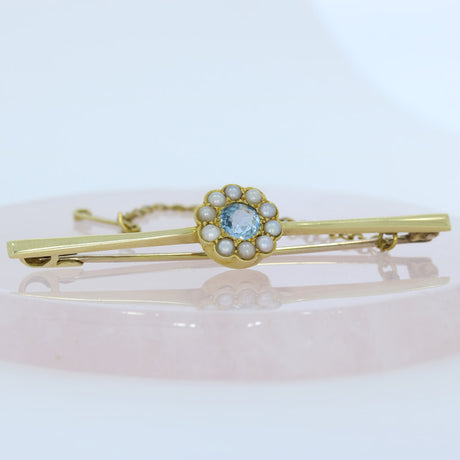 Pre Owned 15ct Yellow Gold Aquamarine & Seed Pearl Brooch