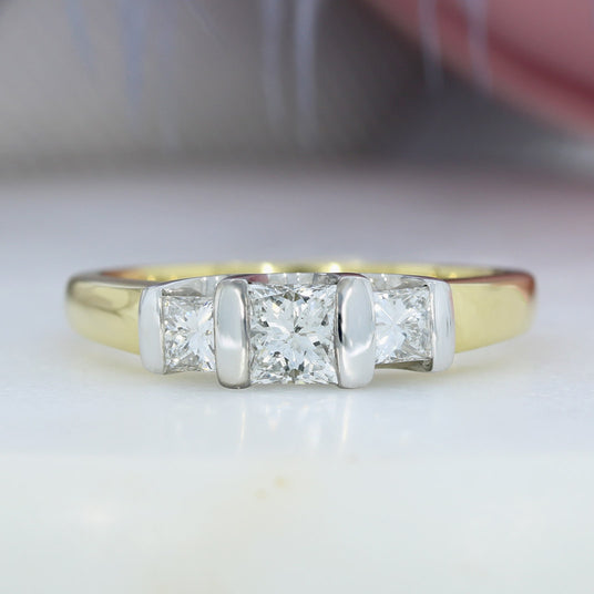 Pre Owned 18ct Gold Princess Cut Diamond 3 Stone Ring.