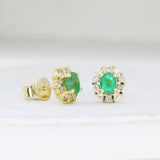 Pre Owned 18ct Yellow Gold Emerald & Diamond Cluster Stud Earrings