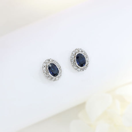 18ct White Gold Oval Sapphire & Diamond Cluster Stud Earrings