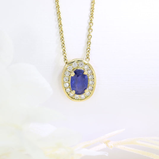 18ct Yellow Gold Oval Claw Set Sapphire Pendant with Pave Set Diamond Halo Pendent & Chain