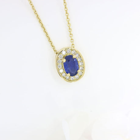 18ct Yellow Gold Oval Claw Set Sapphire Pendant with Pave Set Diamond Halo Pendent & Chain