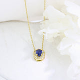 18ct Yellow Gold Oval Claw Set Sapphire Pendant with Pave Set Diamond Halo Pendent & Chain