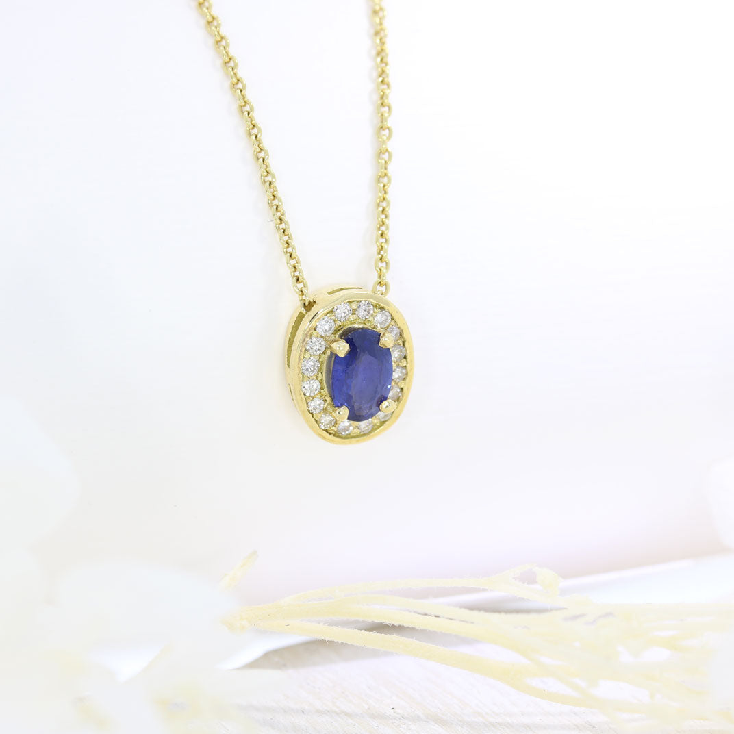 18ct Yellow Gold Oval Claw Set Sapphire Pendant with Pave Set Diamond Halo Pendent & Chain