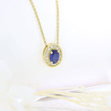 18ct Yellow Gold Oval Claw Set Sapphire Pendant with Pave Set Diamond Halo Pendent & Chain
