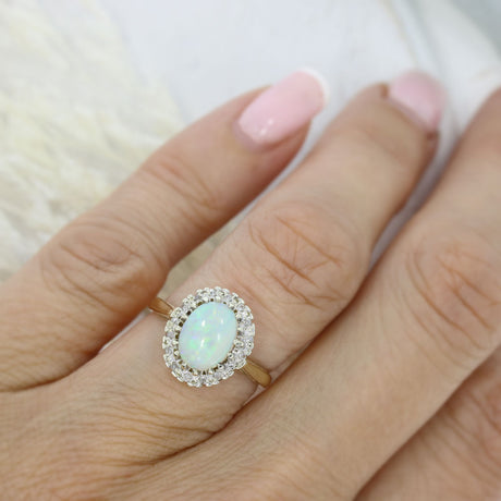 Pre Owned 9ct Yellow Gold Opal & Diamond Cluster Ring