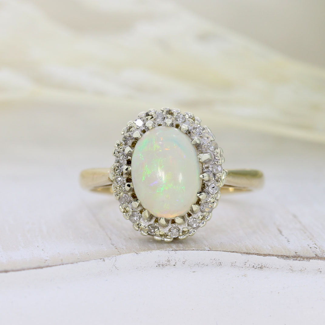 Pre Owned 9ct Yellow Gold Opal & Diamond Cluster Ring