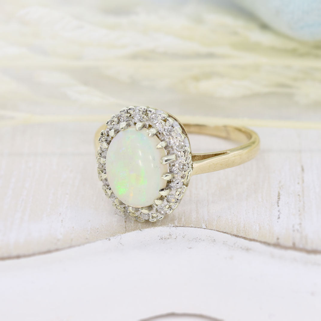 Pre Owned 9ct Yellow Gold Opal & Diamond Cluster Ring