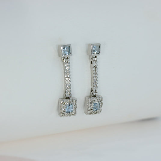 Pre Owned 18ct White Gold Aquamarine & Diamond Drop Earrings