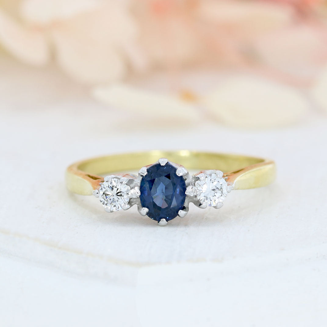Pre Owned 18ct Gold Claw Set Sapphire & Diamond 3 Stone Ring