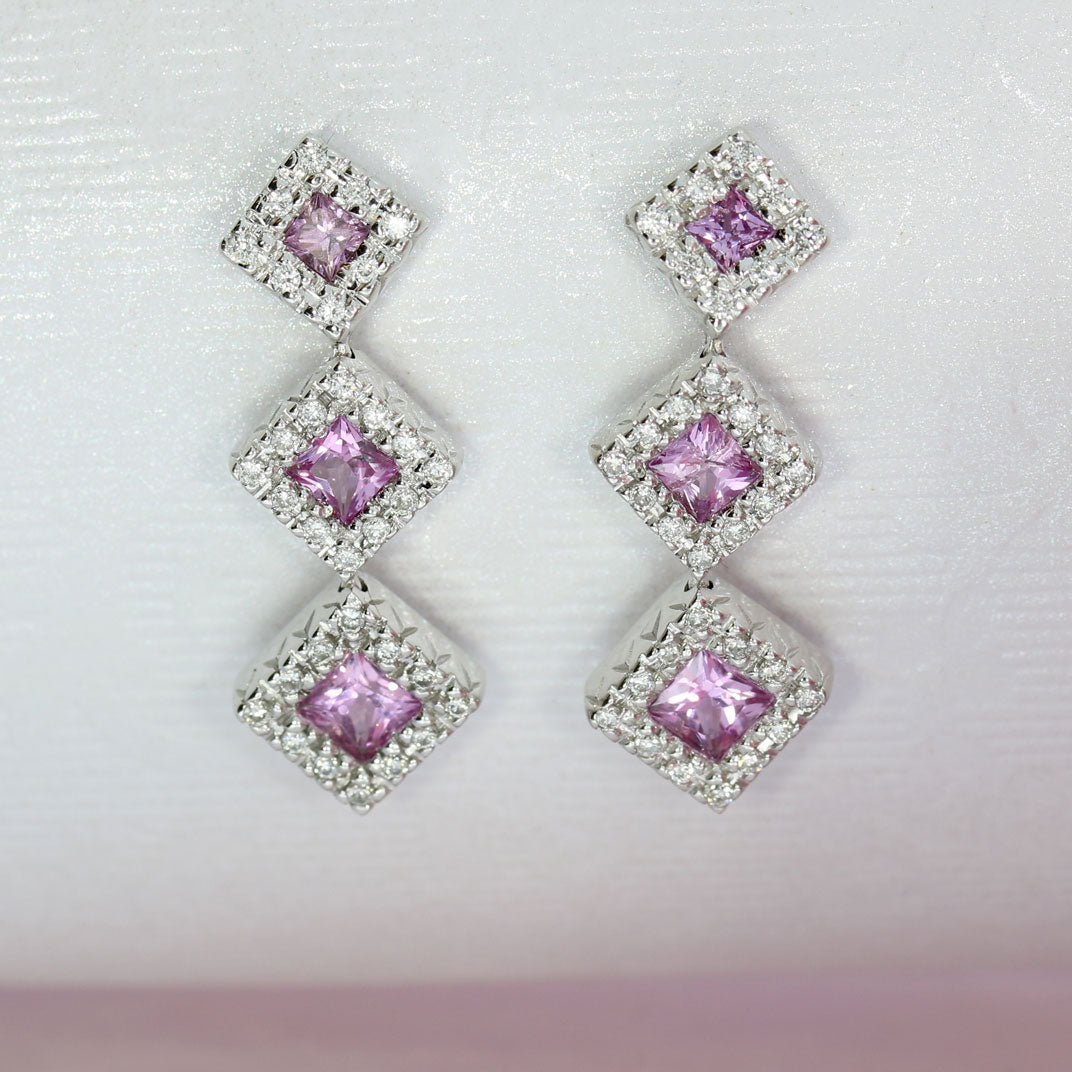 Pre Owned 18ct White Gold Pink Sapphire & Diamond Cluster Drop Earrings
