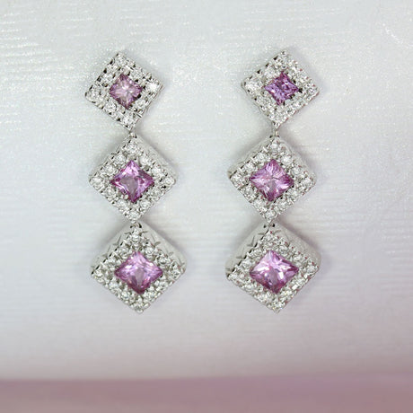 Pre Owned 18ct White Gold Pink Sapphire & Diamond Cluster Drop Earrings