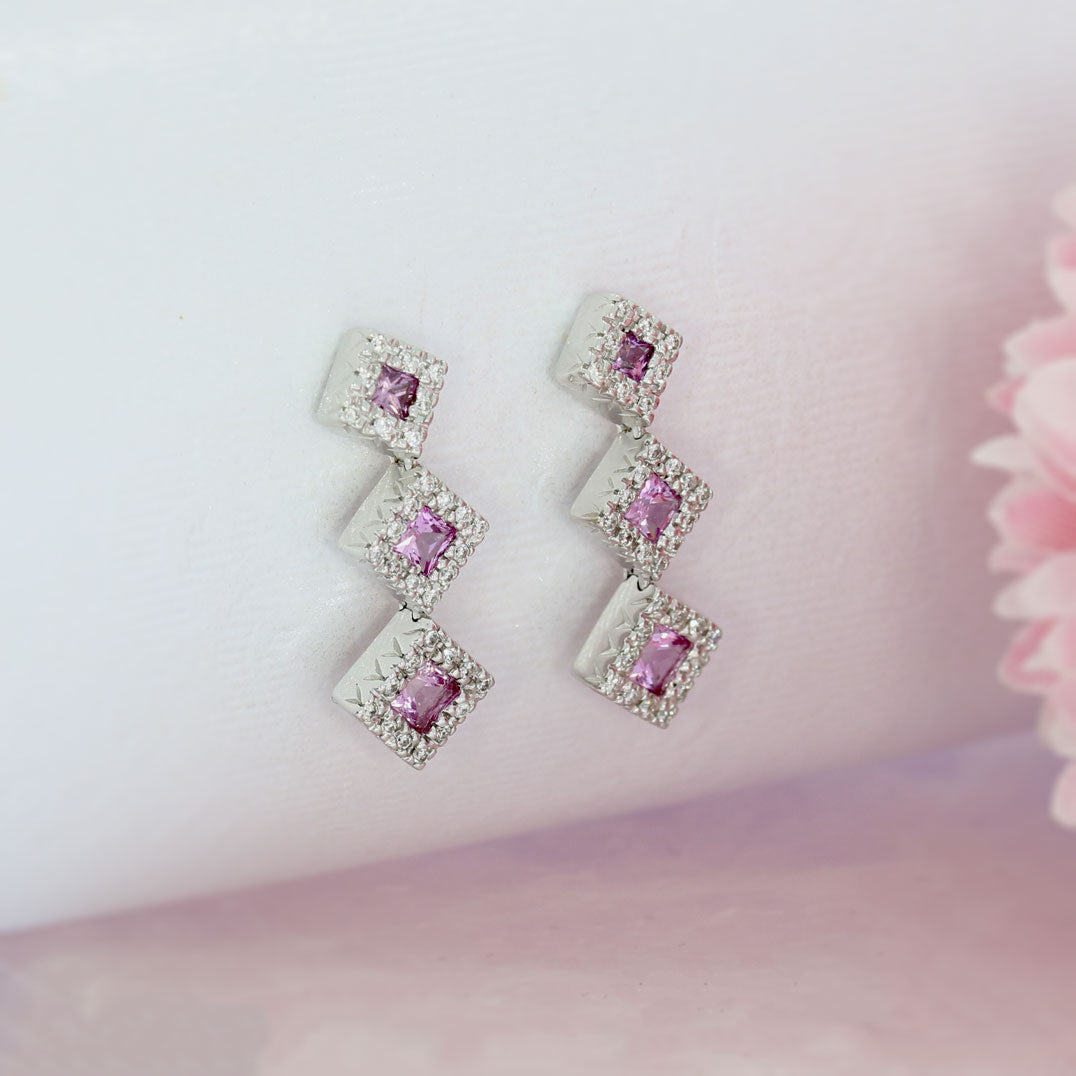 Pre Owned 18ct White Gold Pink Sapphire & Diamond Cluster Drop Earrings