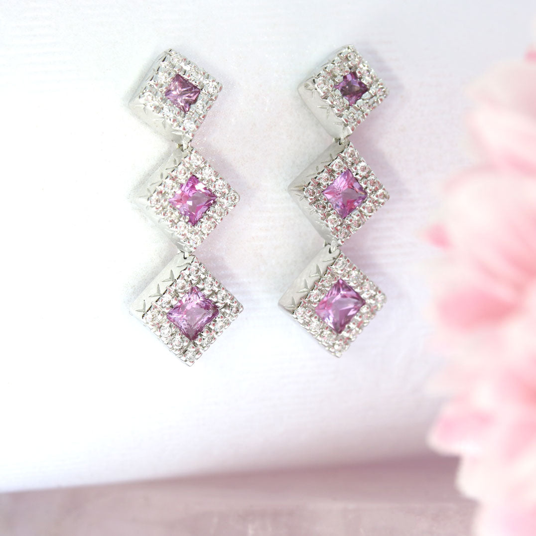 Pre Owned 18ct White Gold Pink Sapphire & Diamond Cluster Drop Earrings