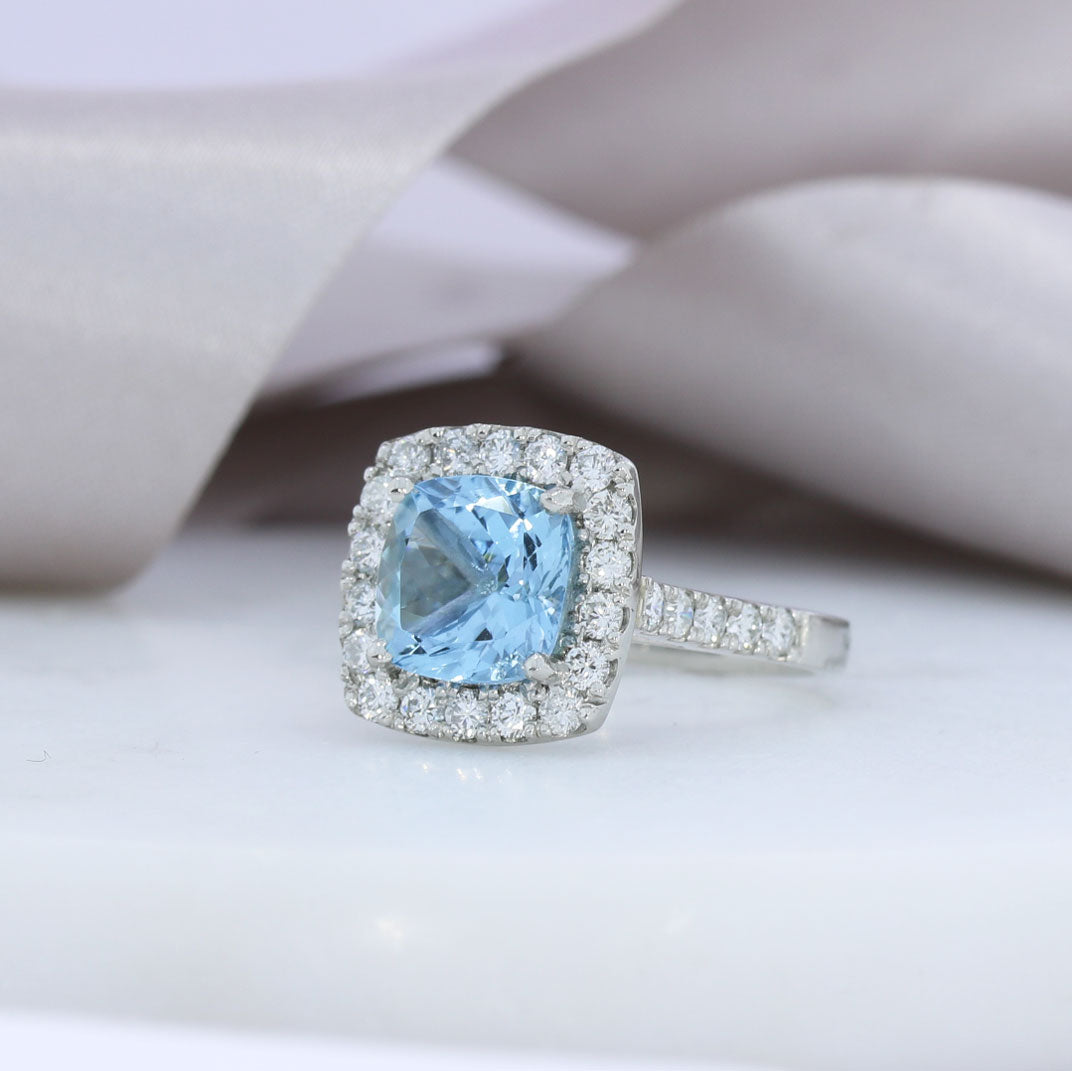 Platinum Large Cushion Shape Aquamarine 3.03ct & Diamond 1.07ct Cluster Ring