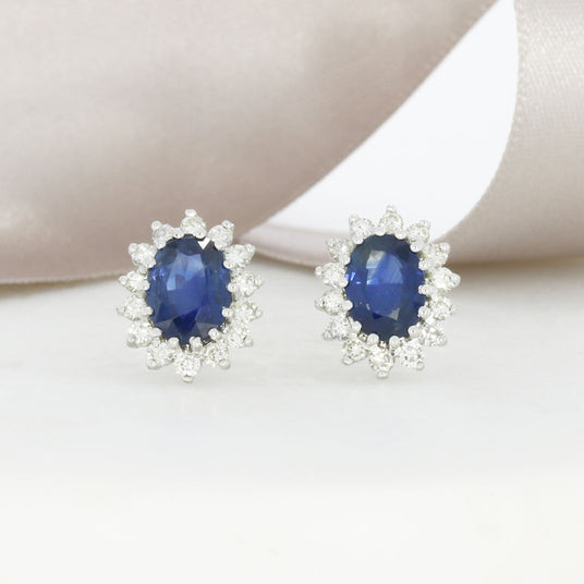 9ct White Gold Oval Claw Set Sapphire & Diamond Cluster Earrings