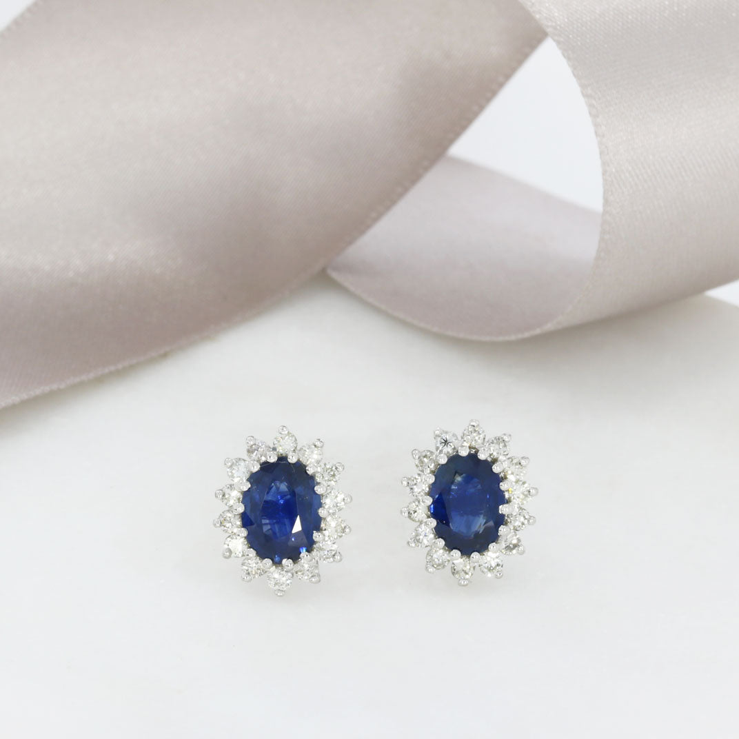 9ct White Gold Oval Claw Set Sapphire & Diamond Cluster Earrings