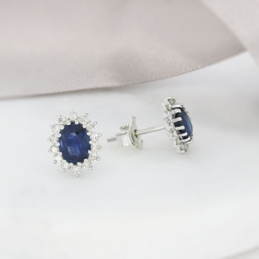 9ct White Gold Oval Claw Set Sapphire & Diamond Cluster Earrings