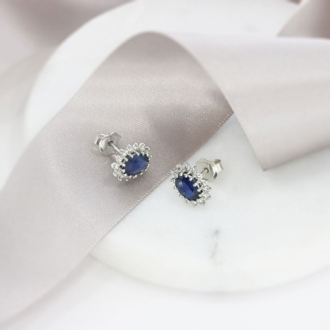 9ct White Gold Oval Claw Set Sapphire & Diamond Cluster Earrings