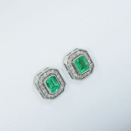 18ct White Gold Oblong Emerald Earrings with Pave Diamond Halo