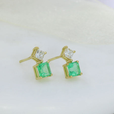 18ct Gold Square Emerald 1.53ct & Princess Cut Diamond 0.51ct Stud Earrings