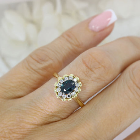 Pre Owned 18ct Gold Oval Claw Set Sapphire & Diamond Cluster Ring