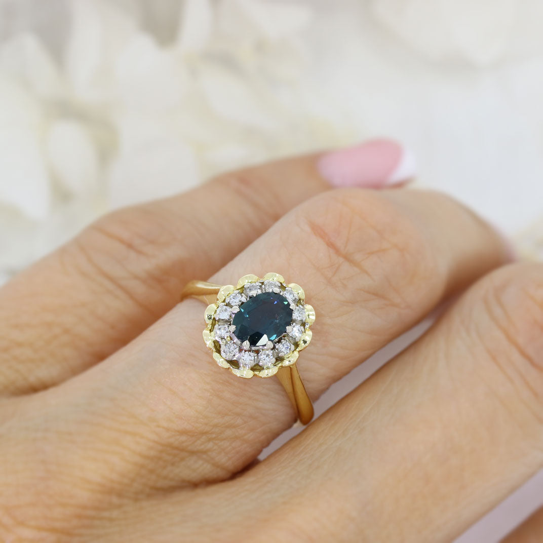 Pre Owned 18ct Gold Oval Claw Set Sapphire & Diamond Cluster Ring
