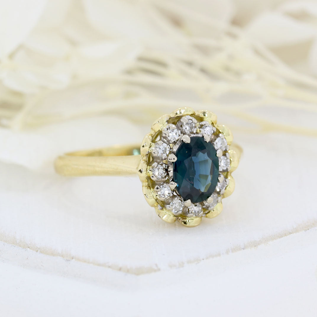 Pre Owned 18ct Gold Oval Claw Set Sapphire & Diamond Cluster Ring