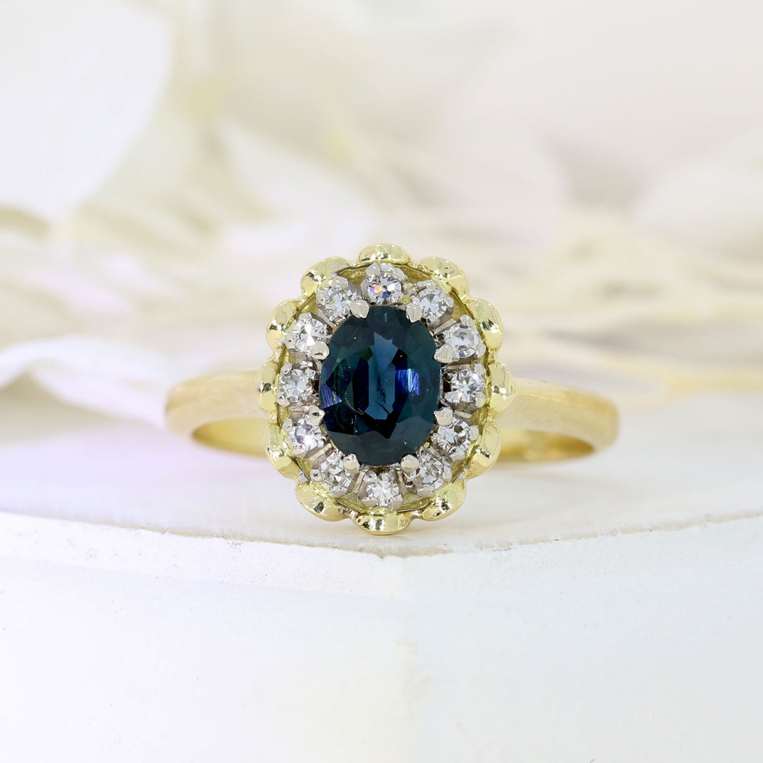 Pre Owned 18ct Gold Oval Claw Set Sapphire & Diamond Cluster Ring