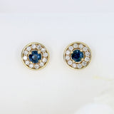 9ct Yellow Gold Claw Set Sapphire & Pave Set Diamond Halo Stud Earrings