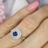 Platinum Claw Set Round Sapphire & Double Diamond Halo Ring