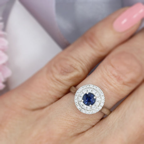 Platinum Claw Set Round Sapphire & Double Diamond Halo Ring