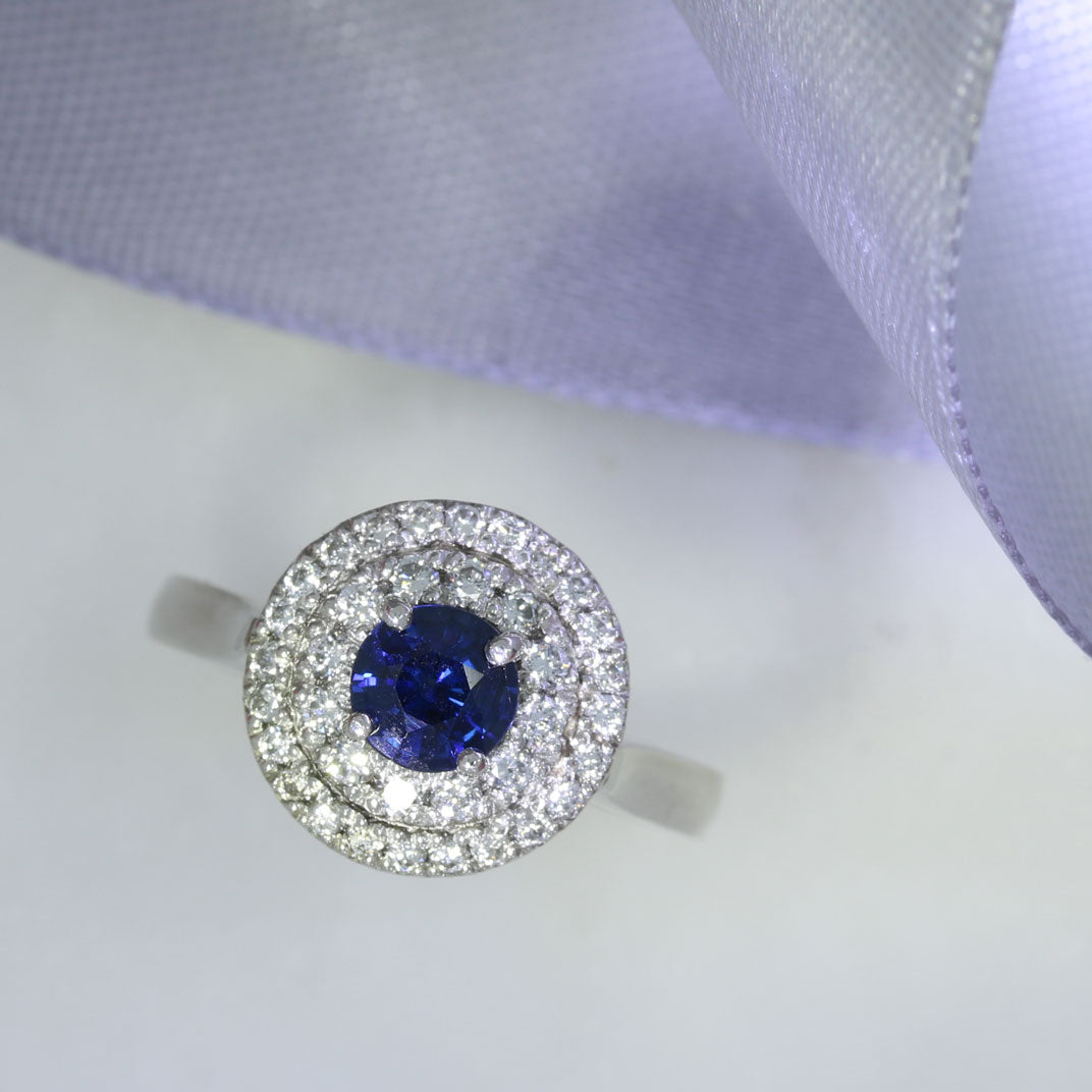 Platinum Claw Set Round Sapphire & Double Diamond Halo Ring