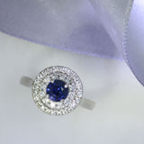 Platinum Claw Set Round Sapphire & Double Diamond Halo Ring