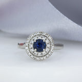 Platinum Claw Set Round Sapphire & Double Diamond Halo Ring