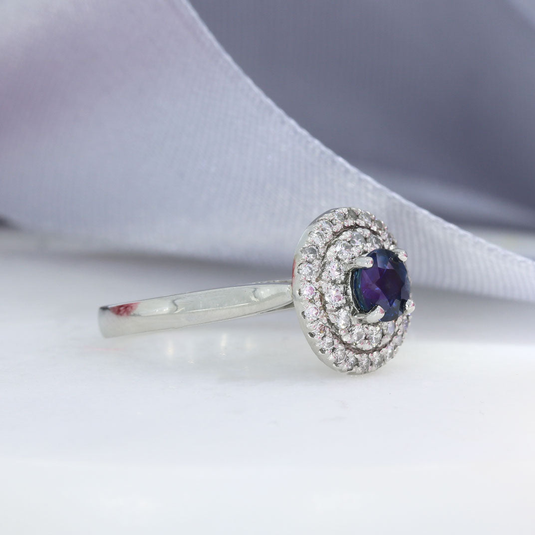 Platinum Claw Set Round Sapphire & Double Diamond Halo Ring