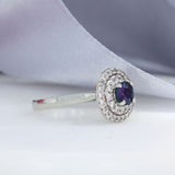 Platinum Claw Set Round Sapphire & Double Diamond Halo Ring