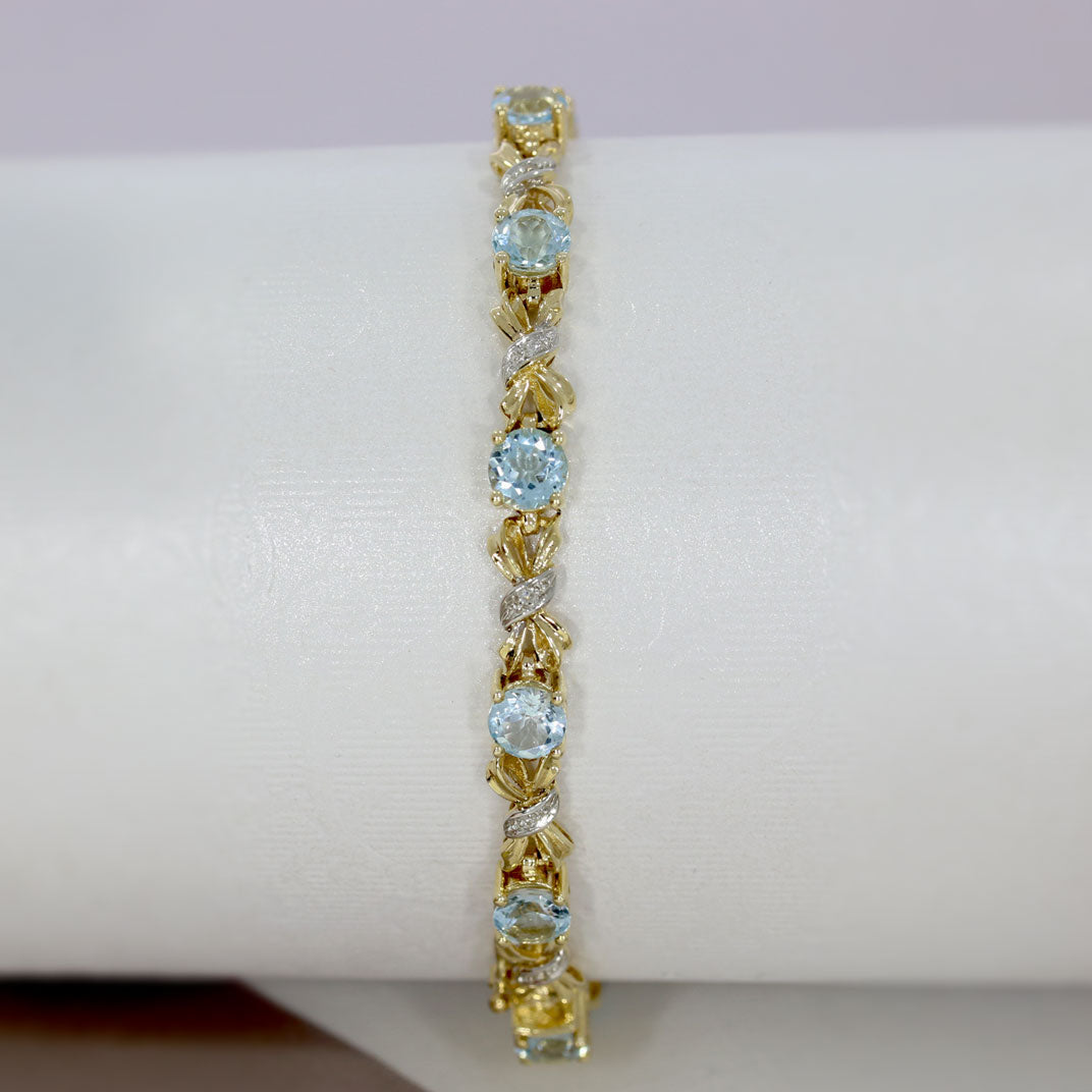 Pre Owned 9ct Yellow Gold Blue Topaz & Diamond Bracelet