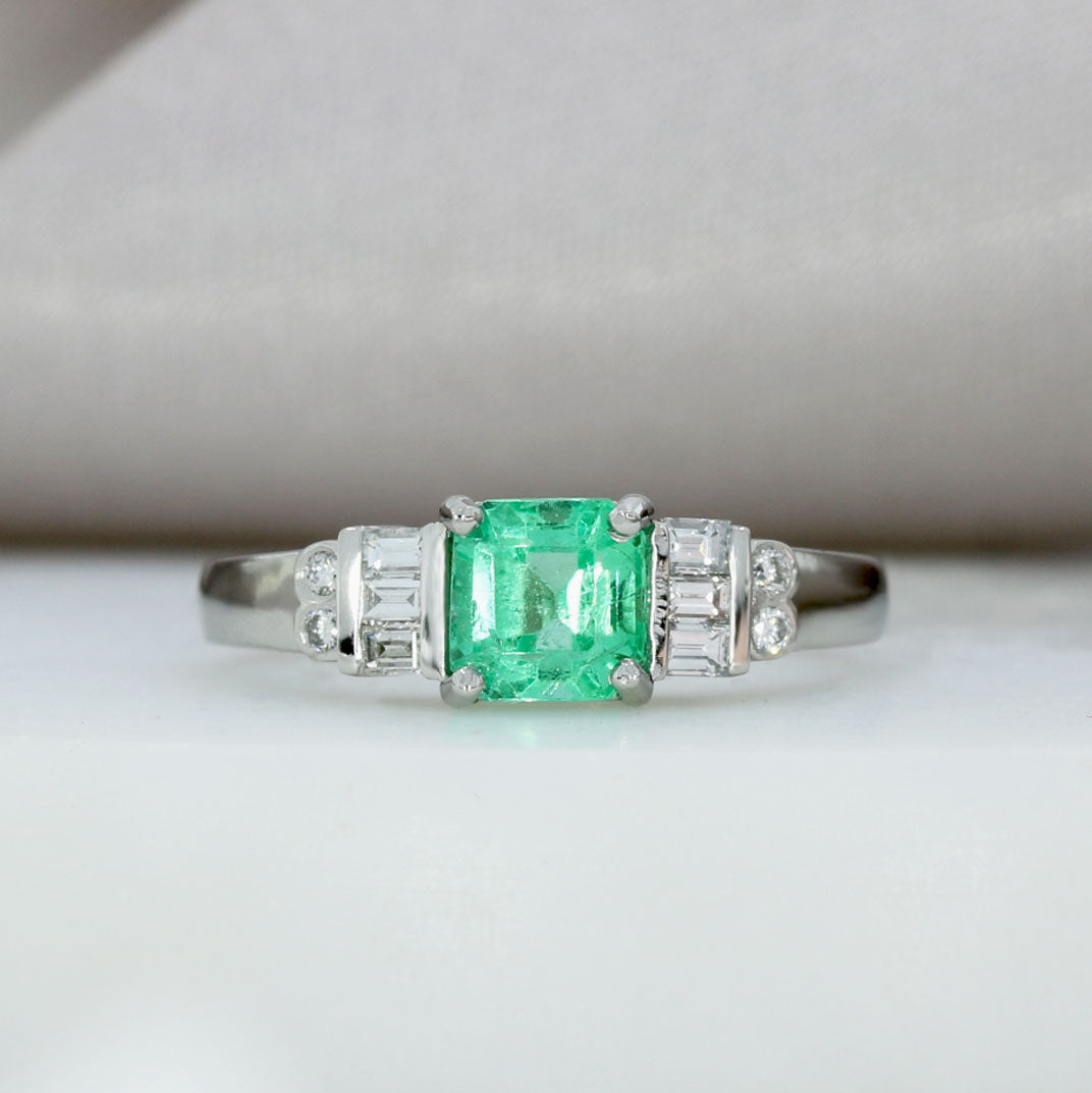 Platinum Square Columbian Emerald  Diamond Ring