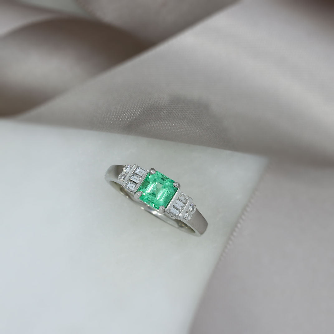 Platinum Square Columbian Emerald  Diamond Ring