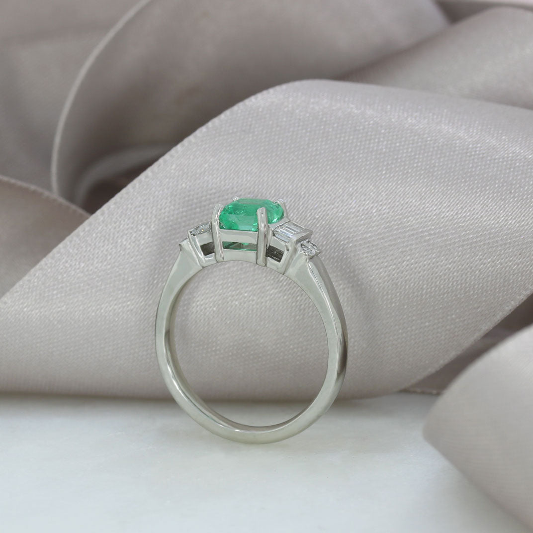 Platinum Square Columbian Emerald  Diamond Ring