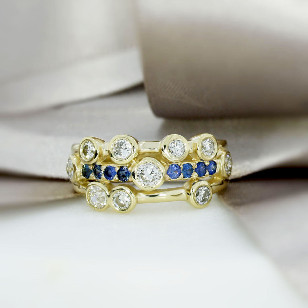 9ct Yellow Gold 3 Row Sapphire & Diamond Bubble Ring