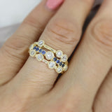 9ct Yellow Gold 3 Row Sapphire & Diamond Bubble Ring